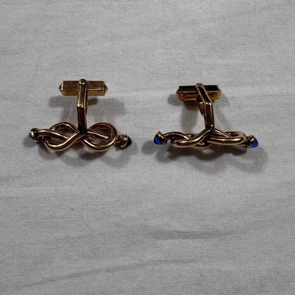 14K Gold Knot Cufflinks with Blue Stones Mens Formal Wear - Picture 2 of 5